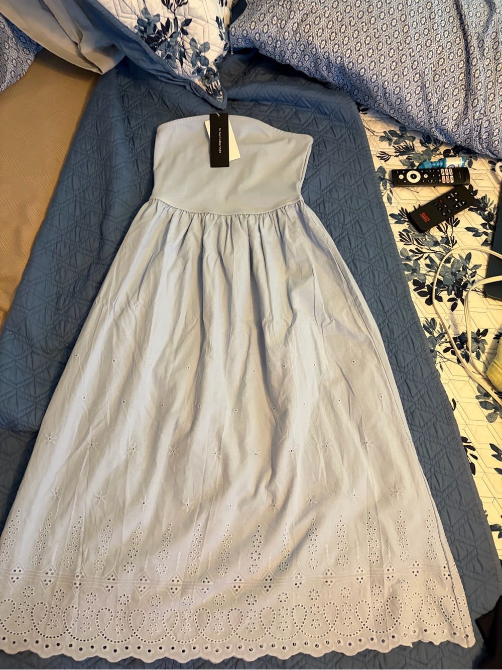 Pretty Garden Strapless Light Blue Cotton Eyelet Maxi Dress